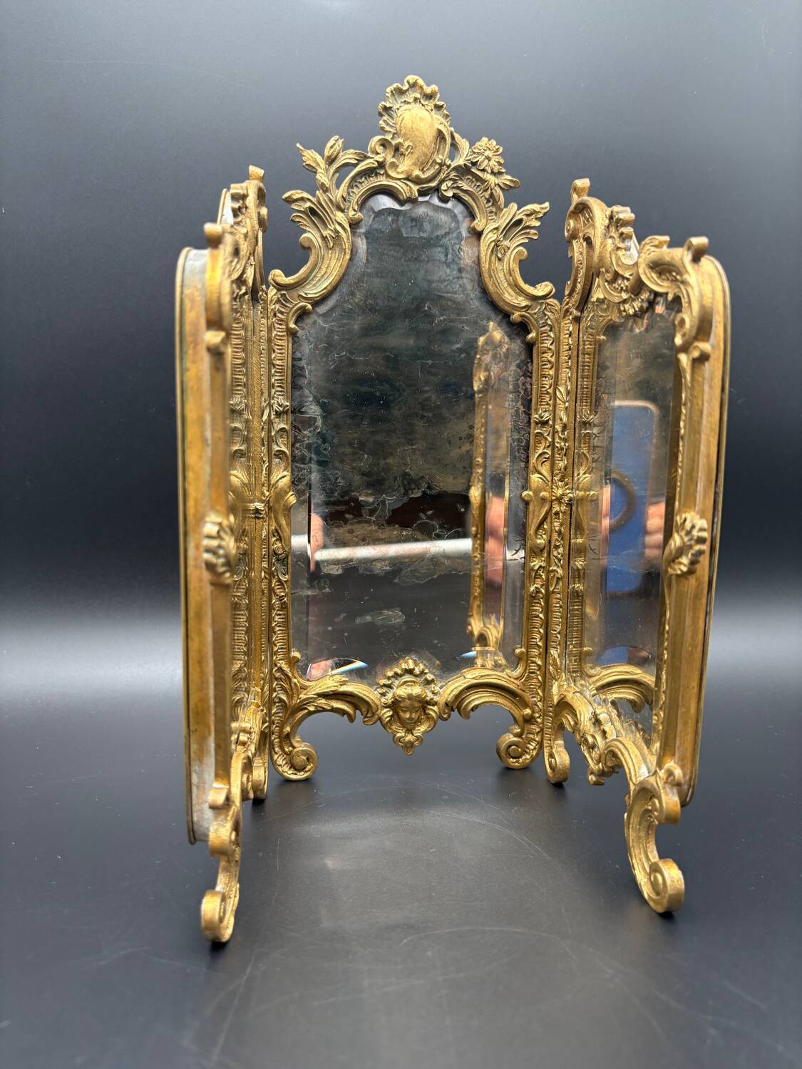 Miroir Triptyque, Bronze Doré, vers 1900.