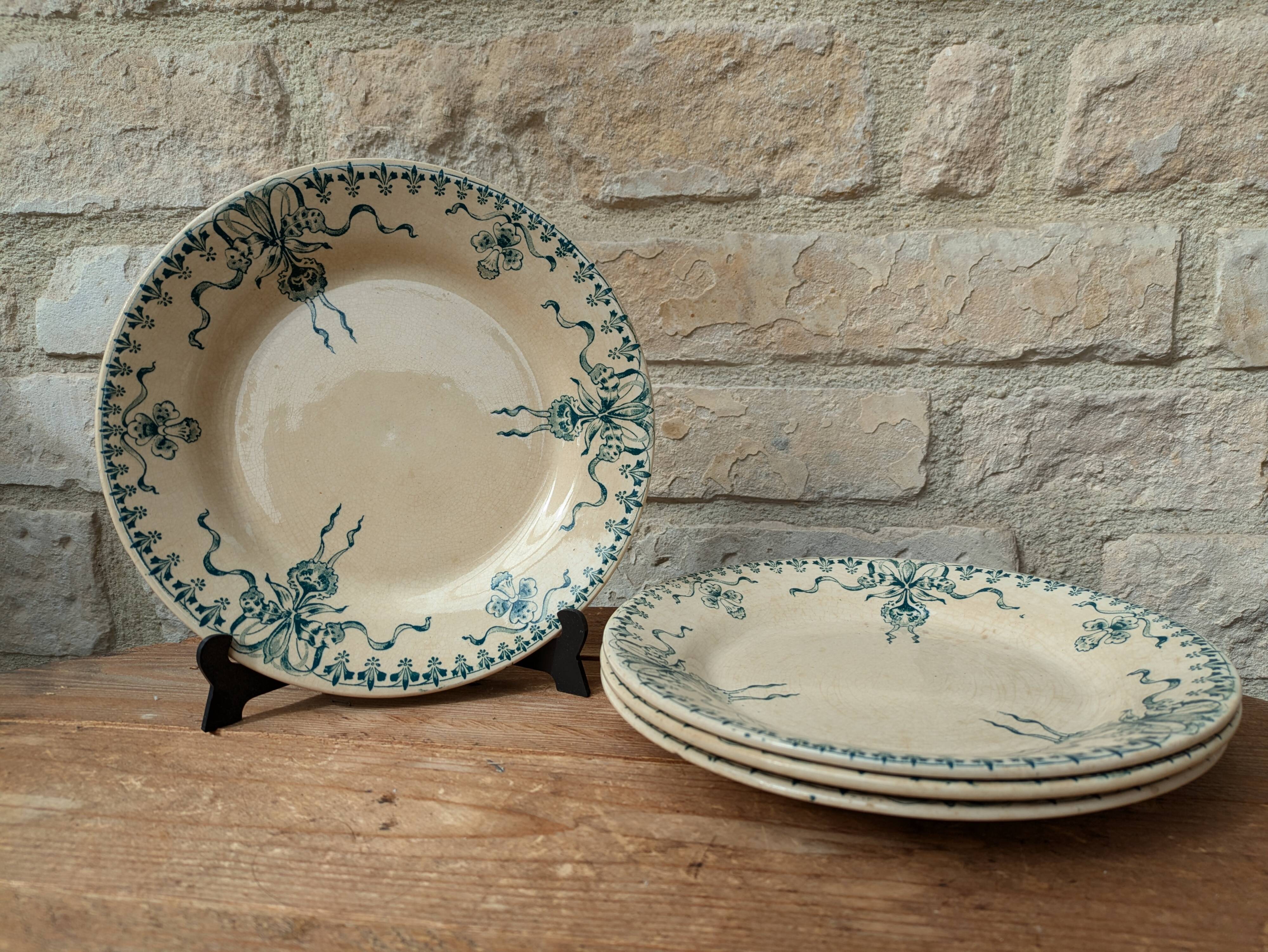 Set of 4 old opaque porcelain plates from Gien, Venice Terre de fer model