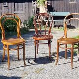 6 Thonet Fischel bistro chairs and others in curved wood from the early 20th century
