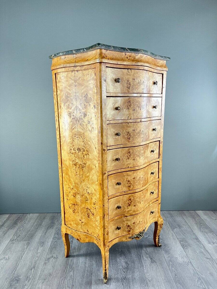 Commode Meuble De Rangement Louis XV En Loupe De Thuya Et Marbre, époque XI