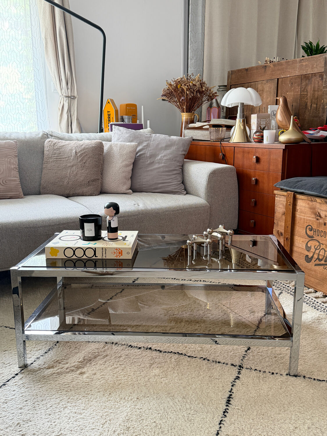 Table Basse Vintage Chrome & Verre Fumé (Style Belgo Chrom)