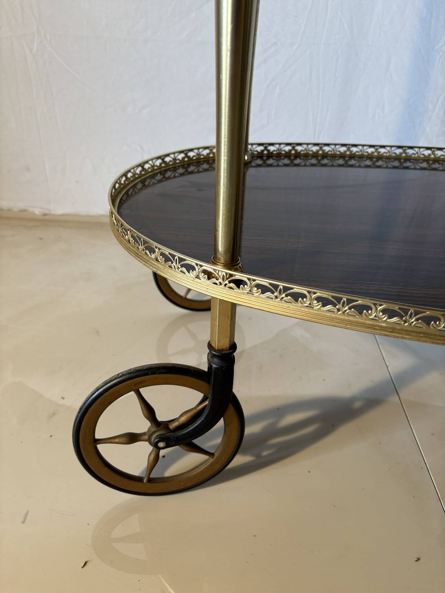 Vintage brass and dark wood serving trolley – 1960s
