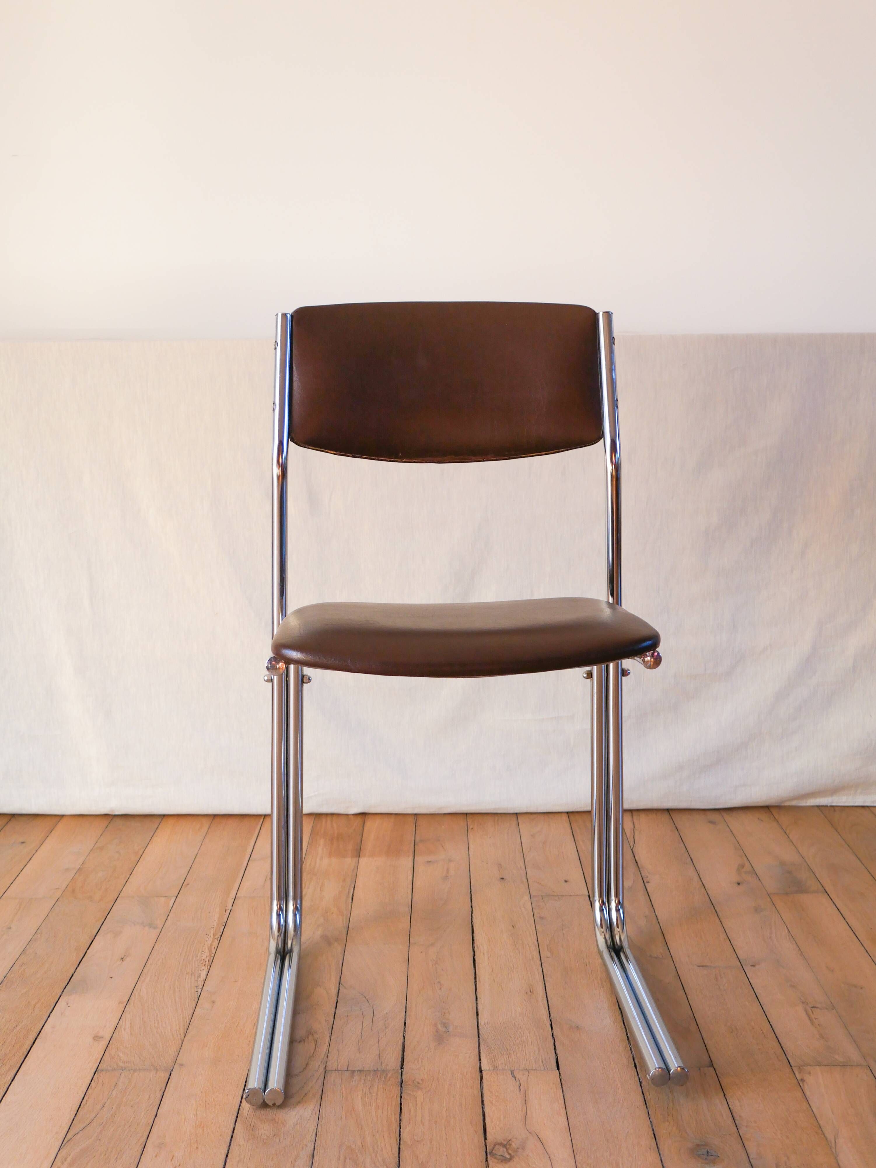 Office chair in brown skai and chrome tubular legs design 1970
