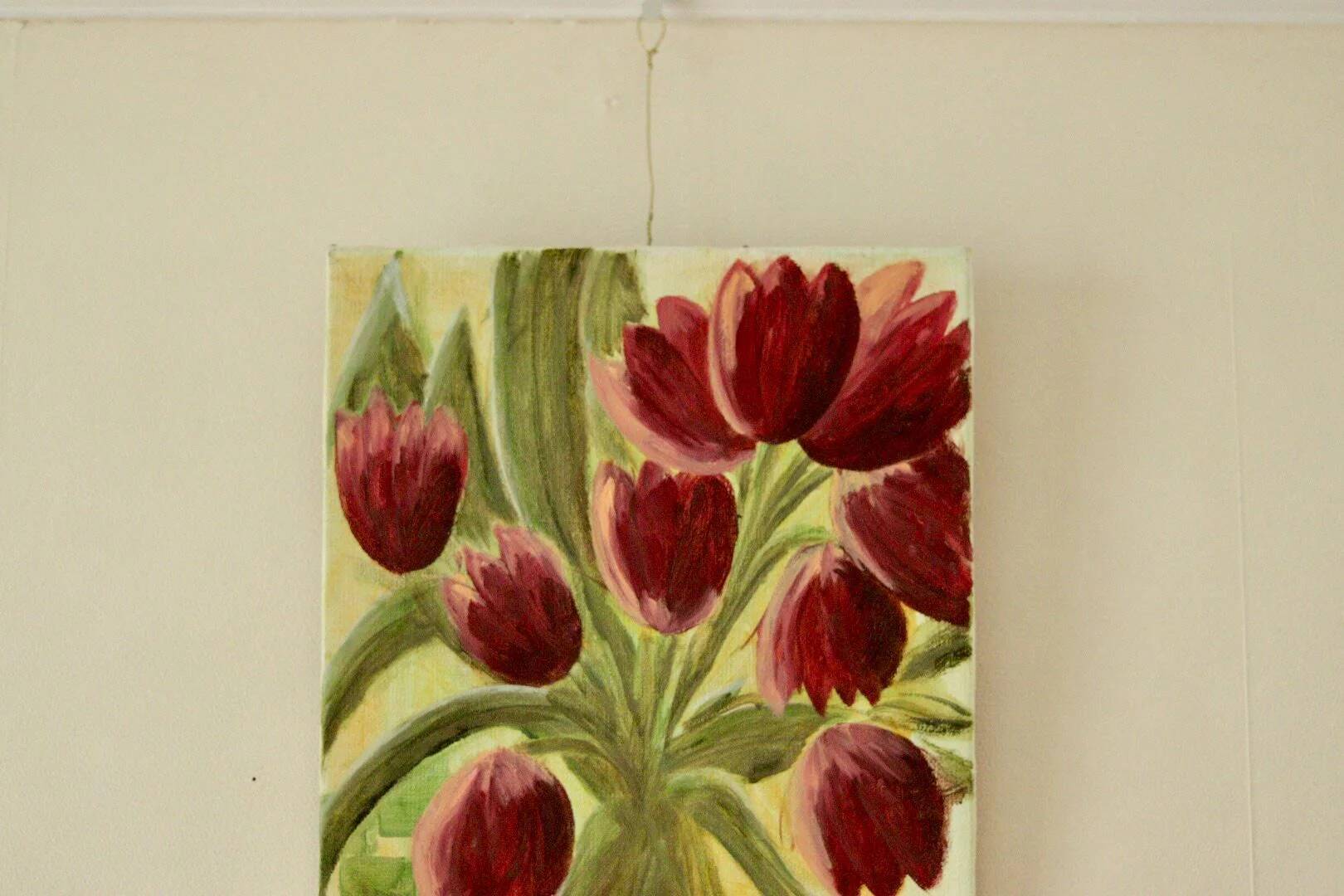 Nature morte aux tulipes – toile vintage d'un artiste non identifié