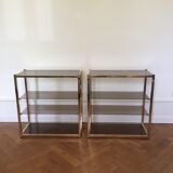 Pair of consoles brass shelves and smoked glass design Roche Bobois