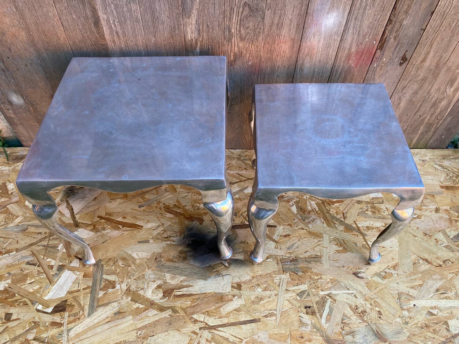 Pair of Louis XV Style Nesting Coffee Tables in Vintage Polished Aluminum