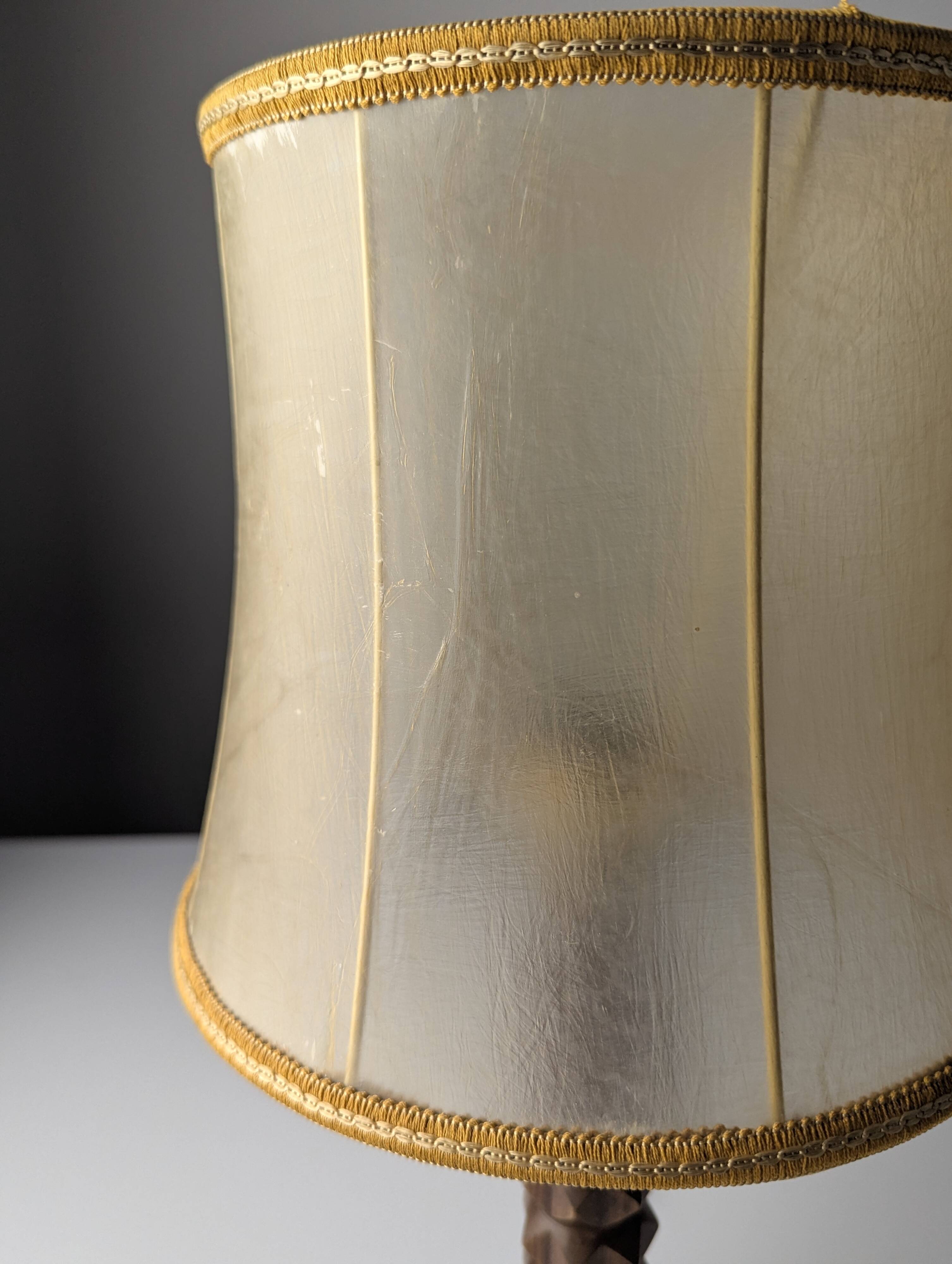 Charles Dudouyt oak table lamp with parchment shade, France, 1950s