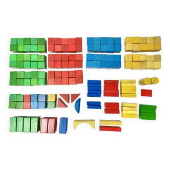 Ancien jeu de construction en bois dans son baril - 178 cubes colorés - heros