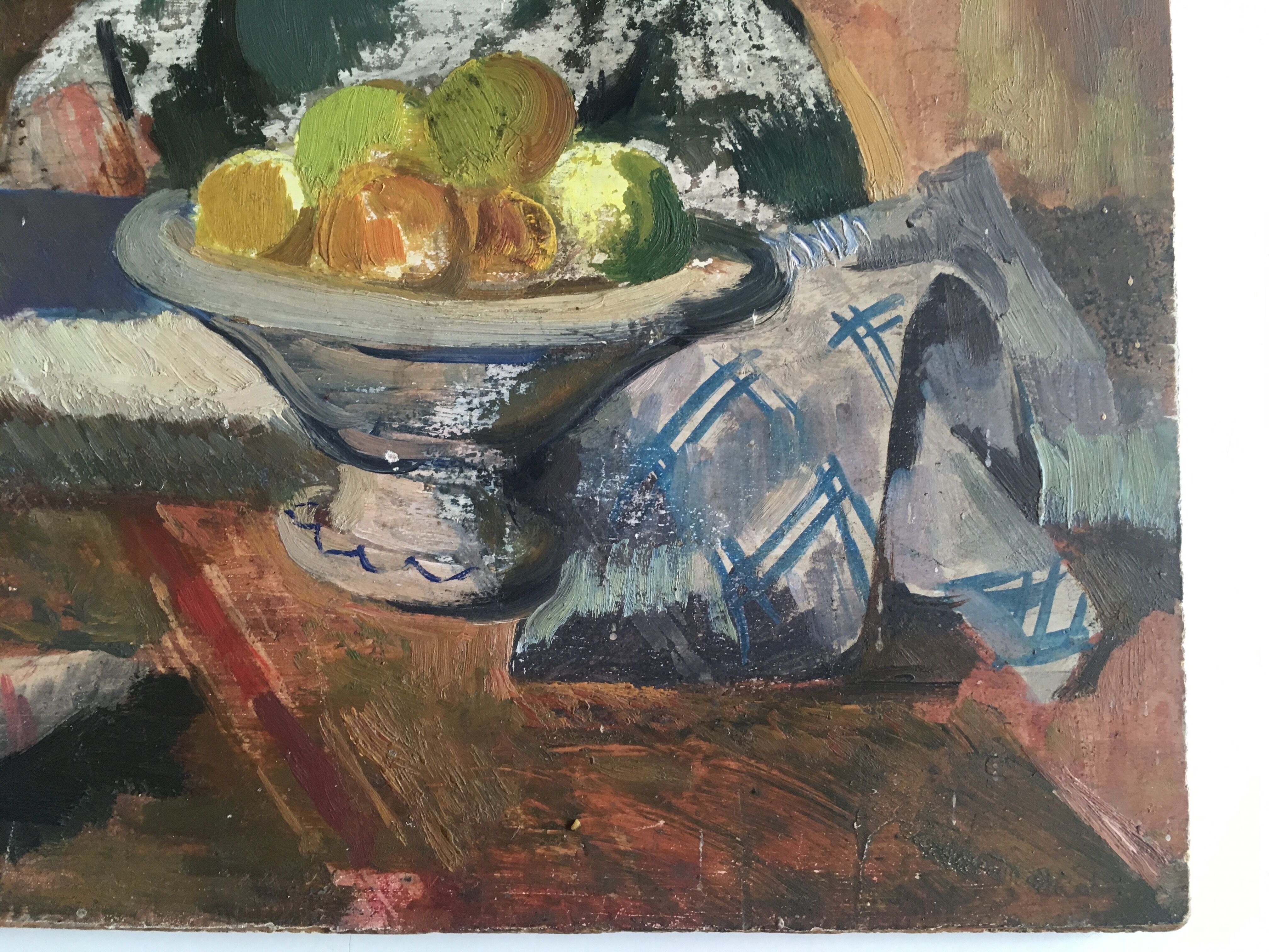 Interior scene "Seamstress at the kitchen table", oil on wood 50s