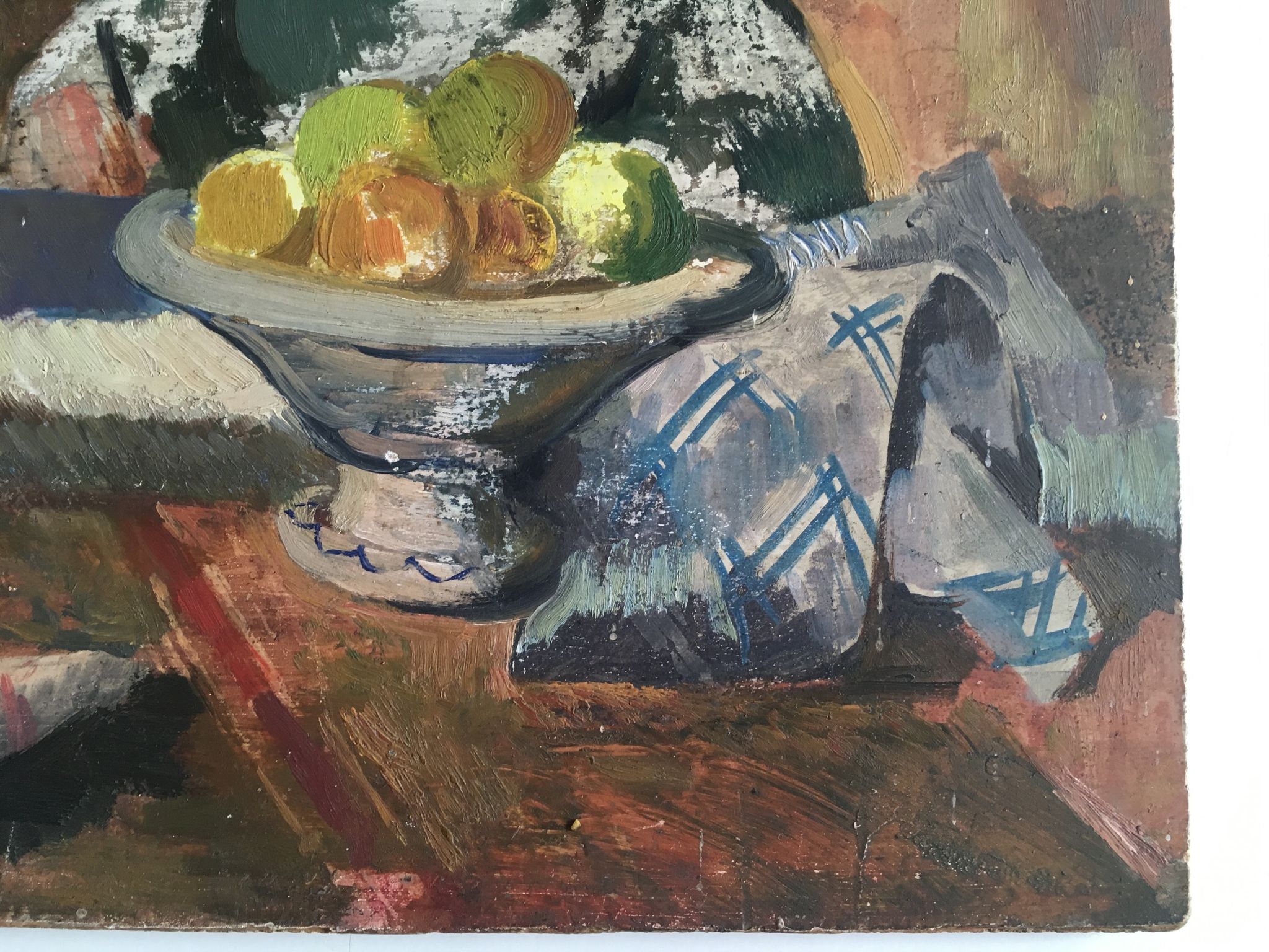 Interior scene "Seamstress at the kitchen table" oil on wood 50s
