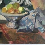 Interior scene "Seamstress at the kitchen table", oil on wood 50s