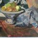 Interior scene "Seamstress at the kitchen table" oil on wood 50s