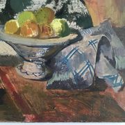 Interior scene "Seamstress at the kitchen table" oil on wood 50s
