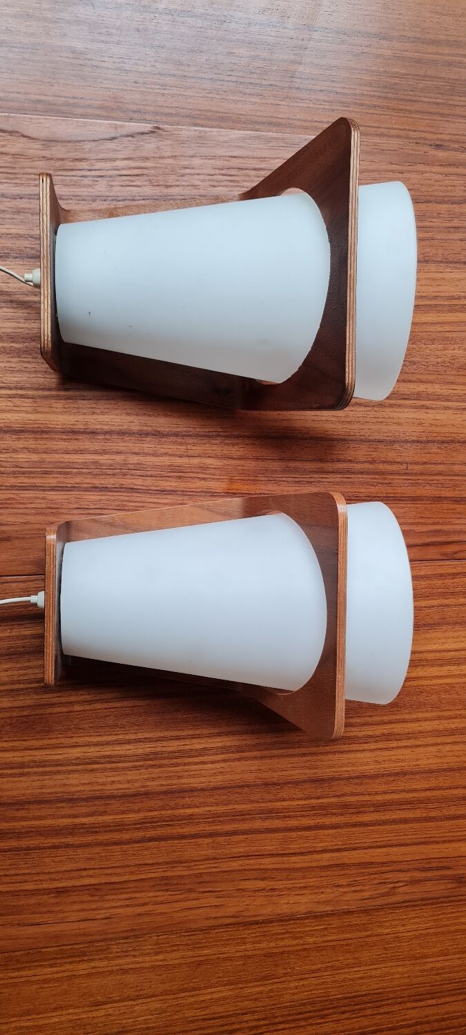 Pair of Louis Kalff frosted wood and opaline sconces