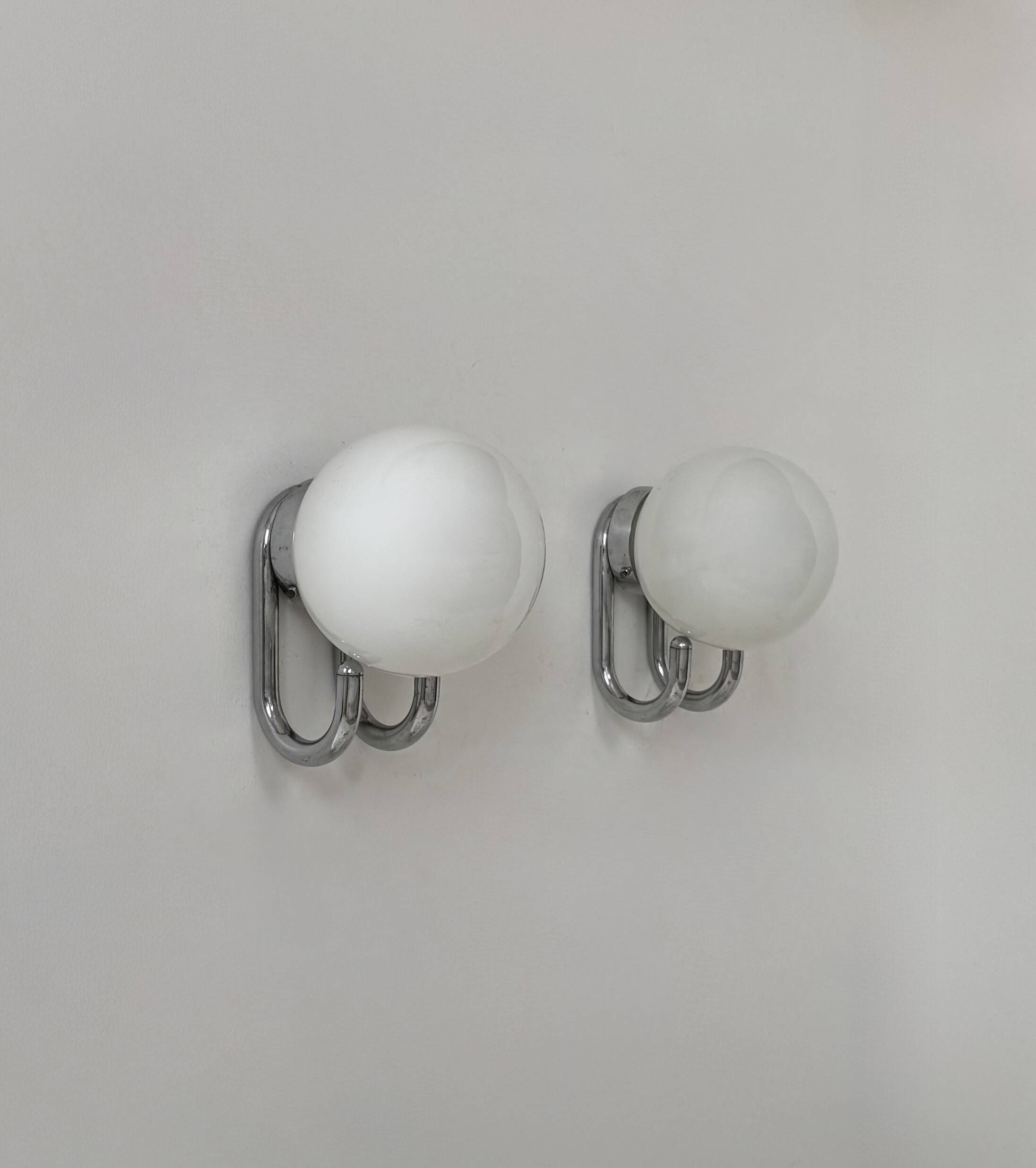 Pair of vintage wall lights, chrome metal and opaline, France, 1960.