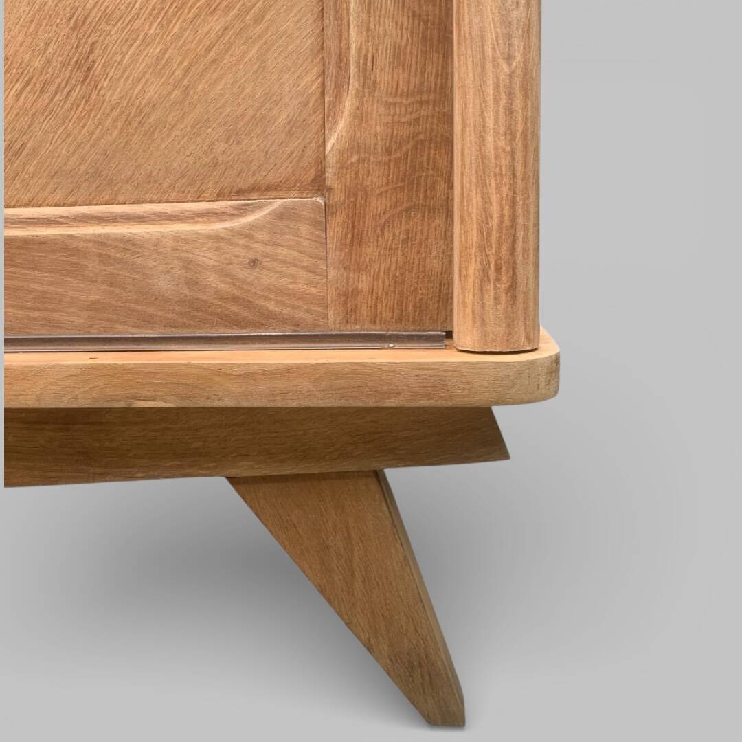 Vintage wardrobe with compass legs in raw wood, sliding doors, 1960s