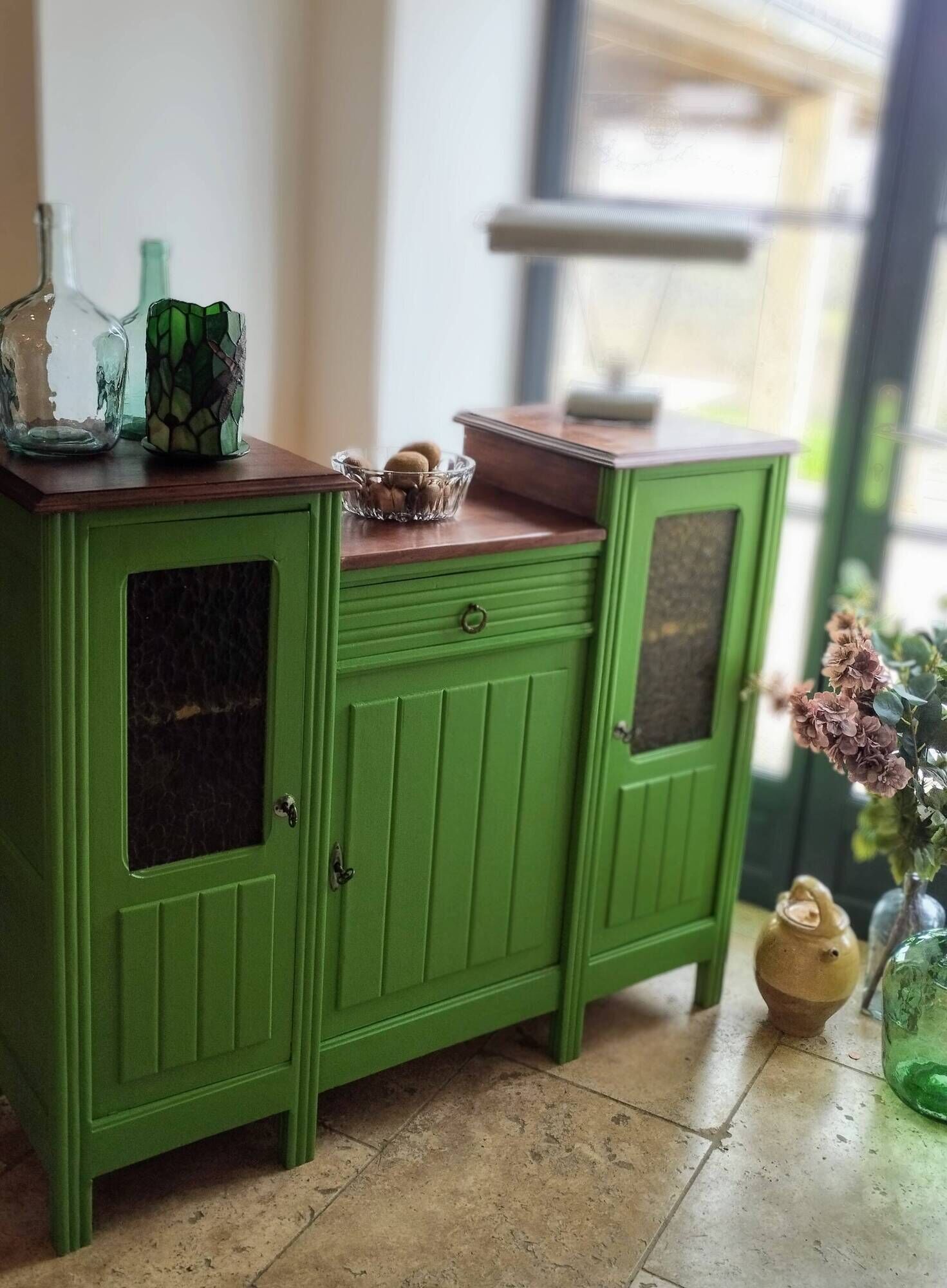 Art Deco Gin Buffet, painted in Farrow and Ball with a William Morris-inspired interior