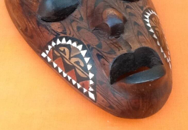 African Hanging Mask / Tribal Carved Wood Inlaid with Mother of Pearl Long