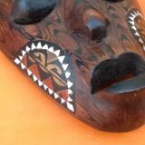 African Hanging Mask / Tribal Carved Wood Inlaid with Mother of Pearl Long
