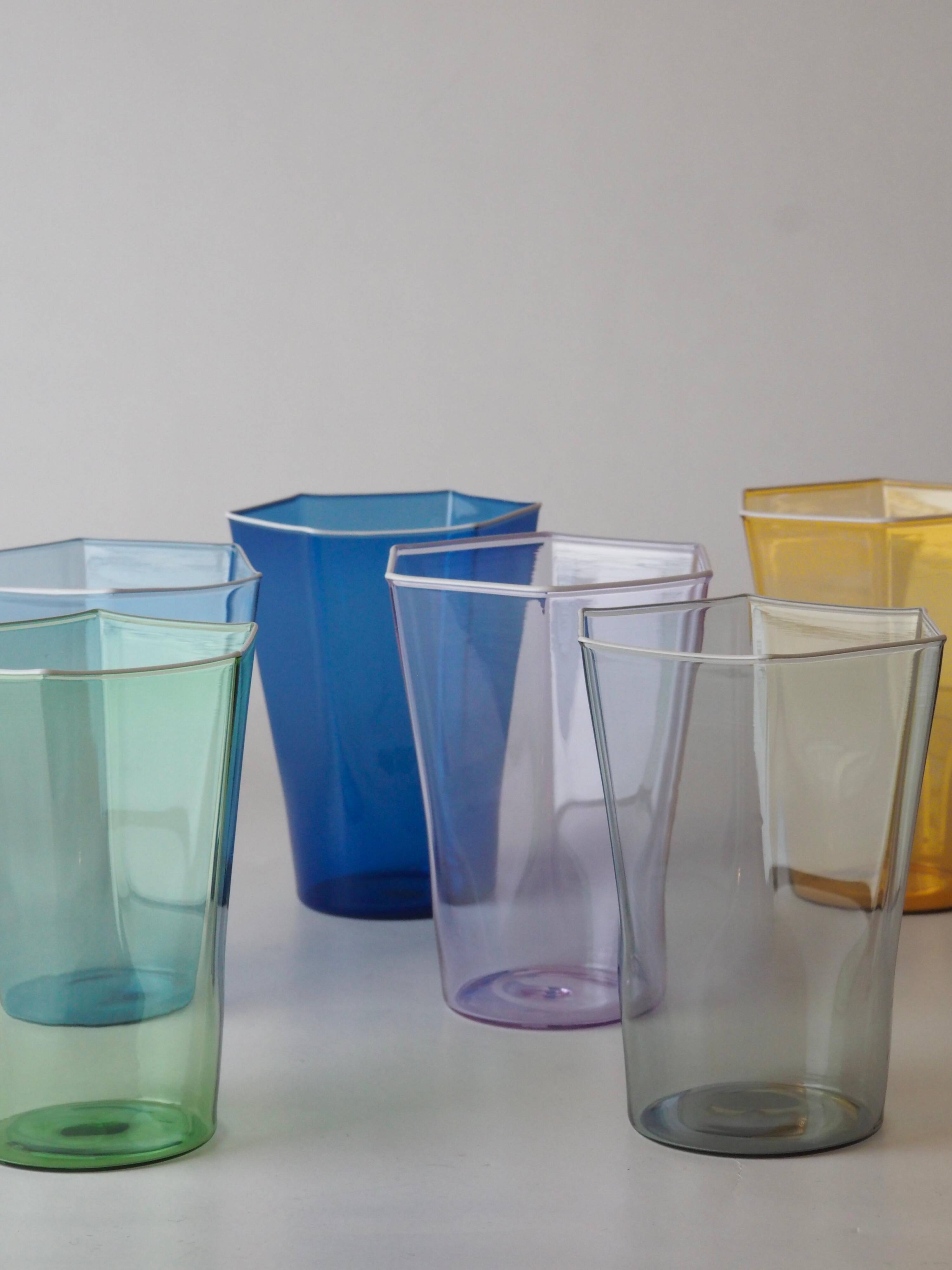 Set of six "Esagonali" glasses by Venini Murano, created by Carlo Scarpa.