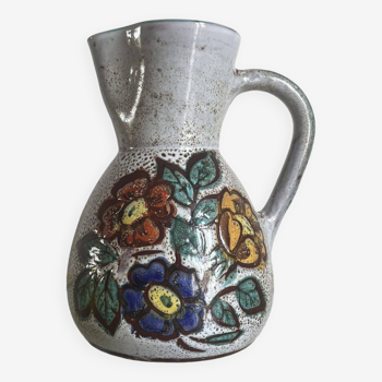 Flowery pitcher in vallauris enameled ceramic hand decorated