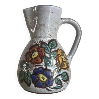 Flowery pitcher in vallauris enameled ceramic hand decorated