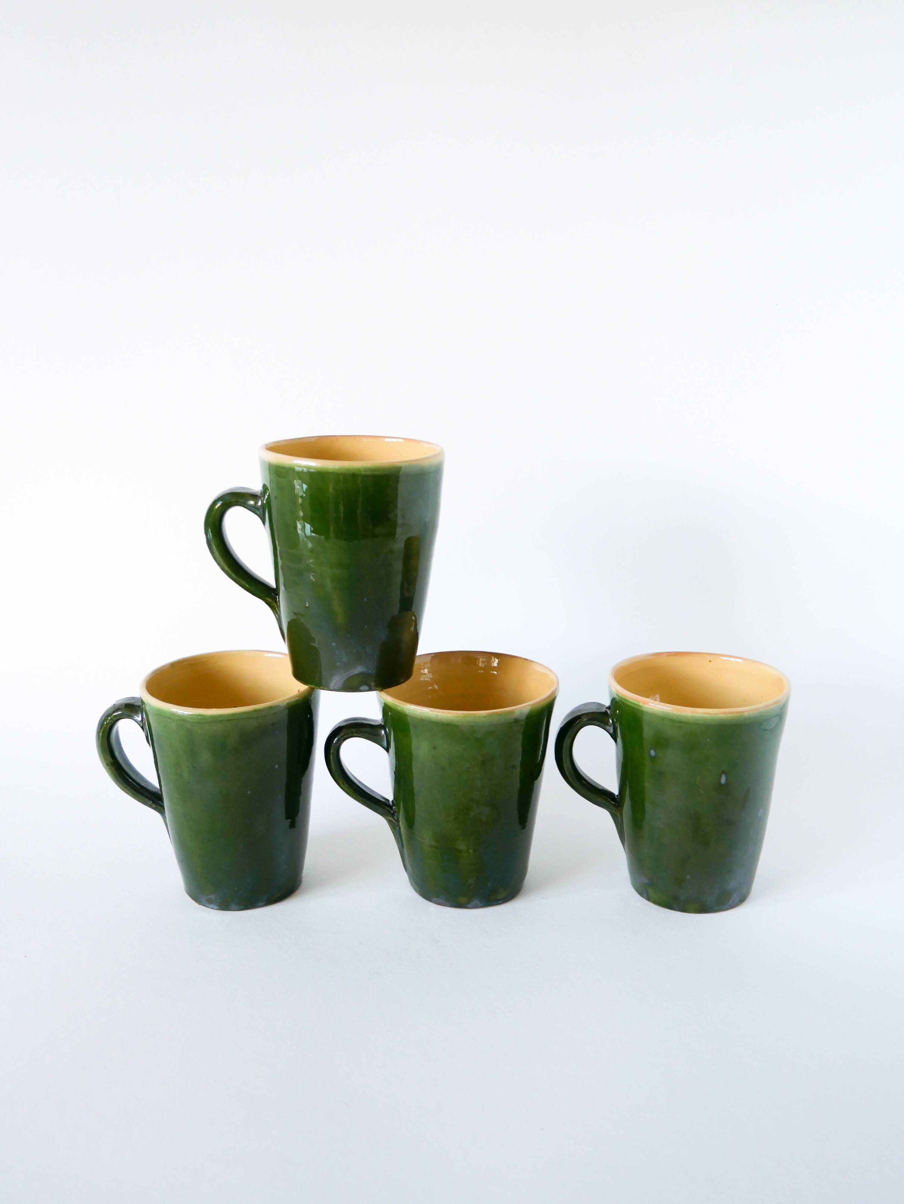 Set of 4 green mugs in glazed stoneware, ceramic, 1970