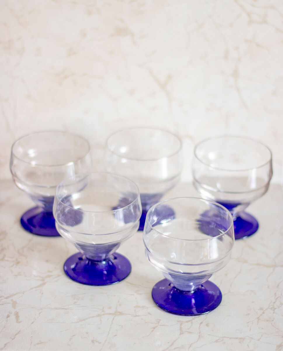5 verres pied bleu style art déco