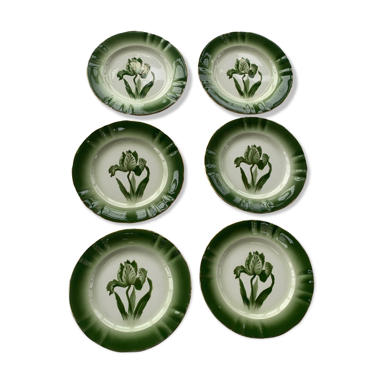 6 flat plates tulip pattern, longwy. Art deco