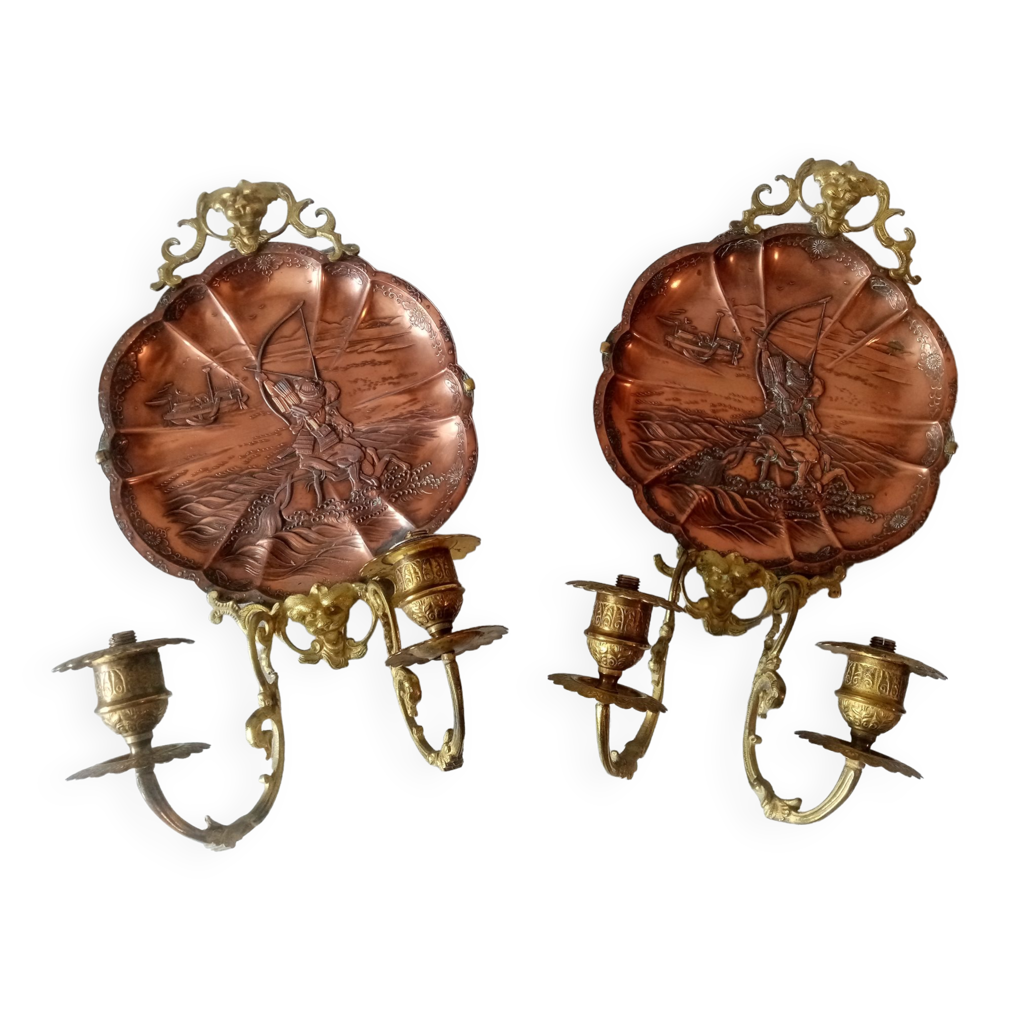 Pair of Napoleon 3 wall lights in copper and brass