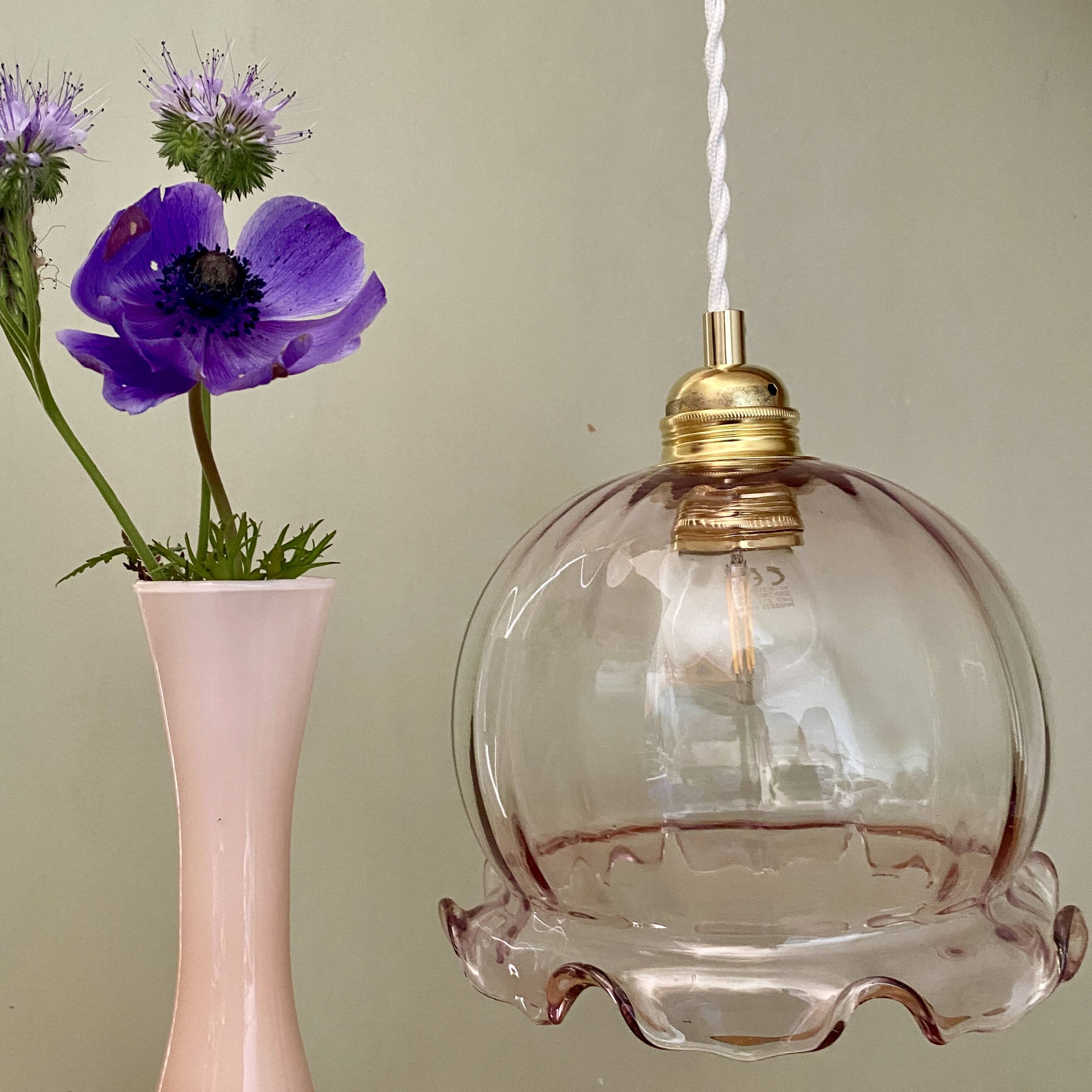 Vintage pink glass globe pendant light