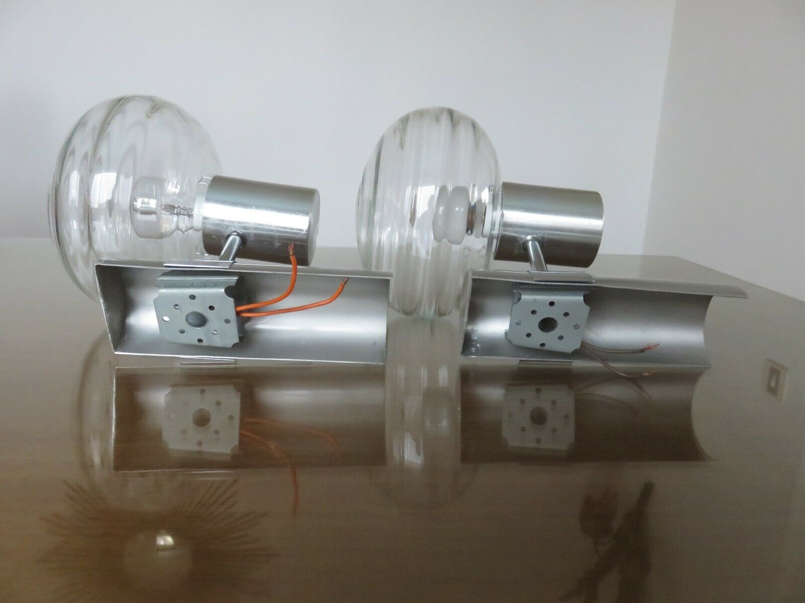 Pair of wall lamps, chrome metal and brushed aluminum 60s 70s