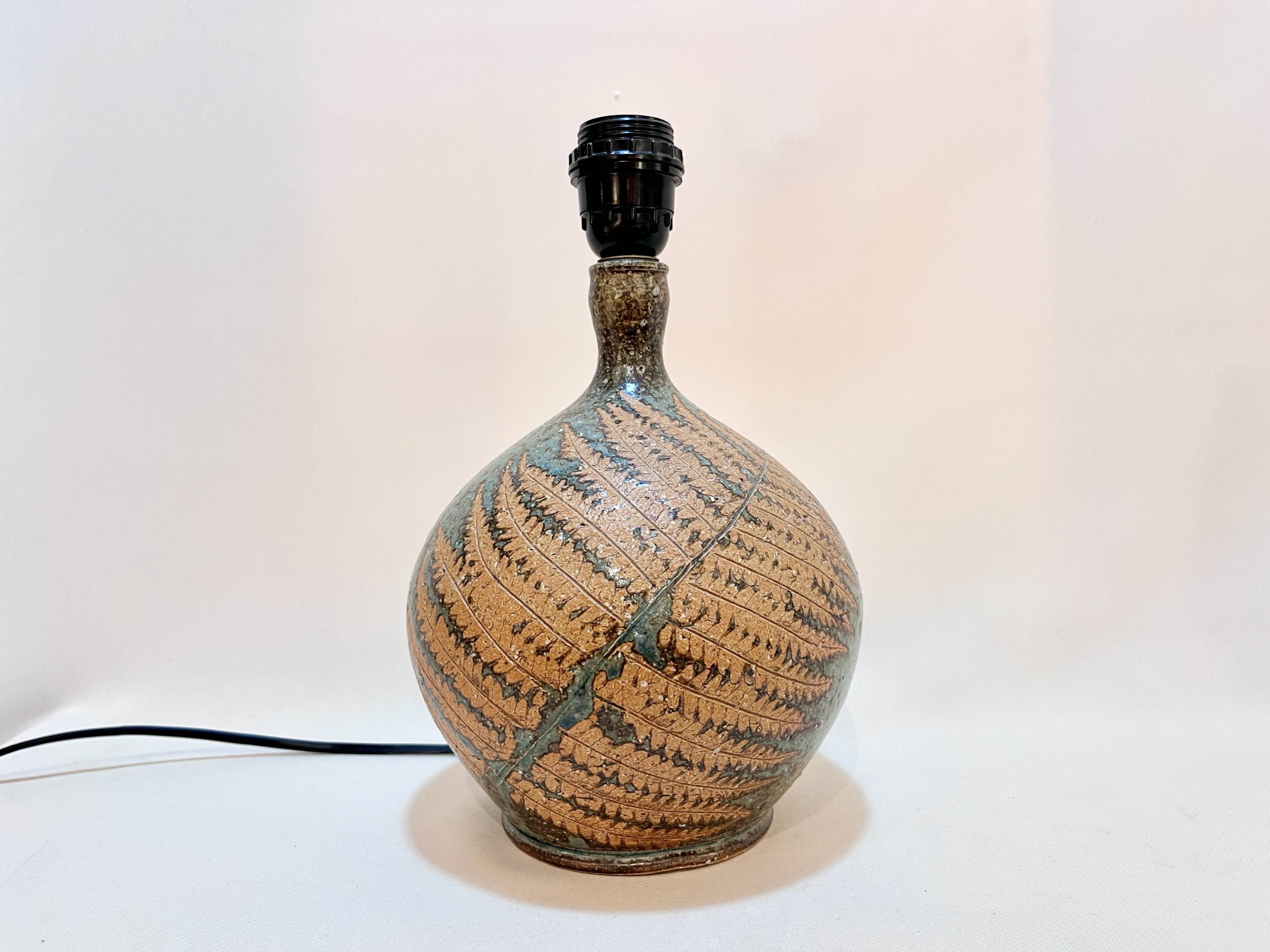 Vintage stoneware lamp by Alain Blanchard, 1970s, fern, rope shade
