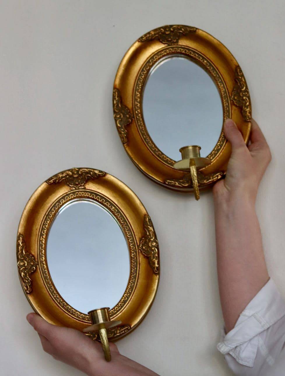 Pair of Mid Century Swedish Gilded Wooden Sconces with Mirror