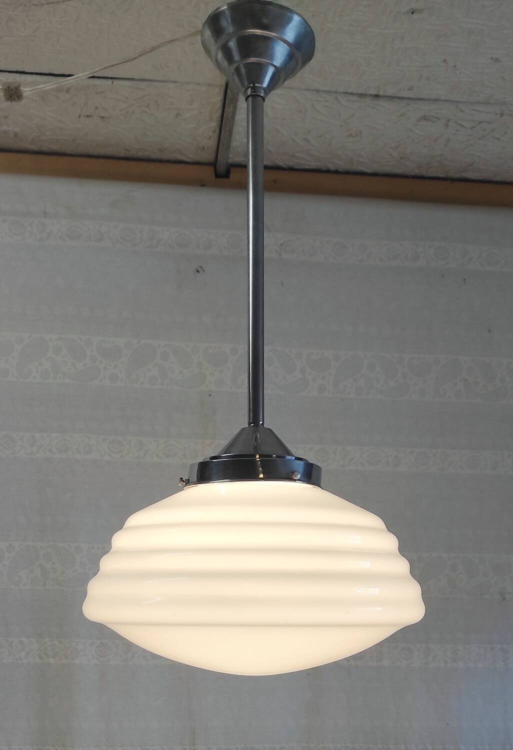 Bauhaus pendant light in chrome metal and opaline globe - 1950s