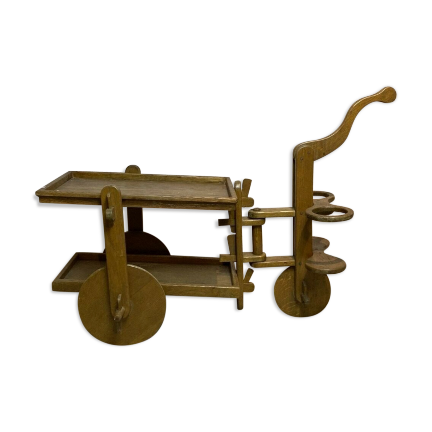 Midcentury brutalist modernist oak bar cart trolley, 1950s