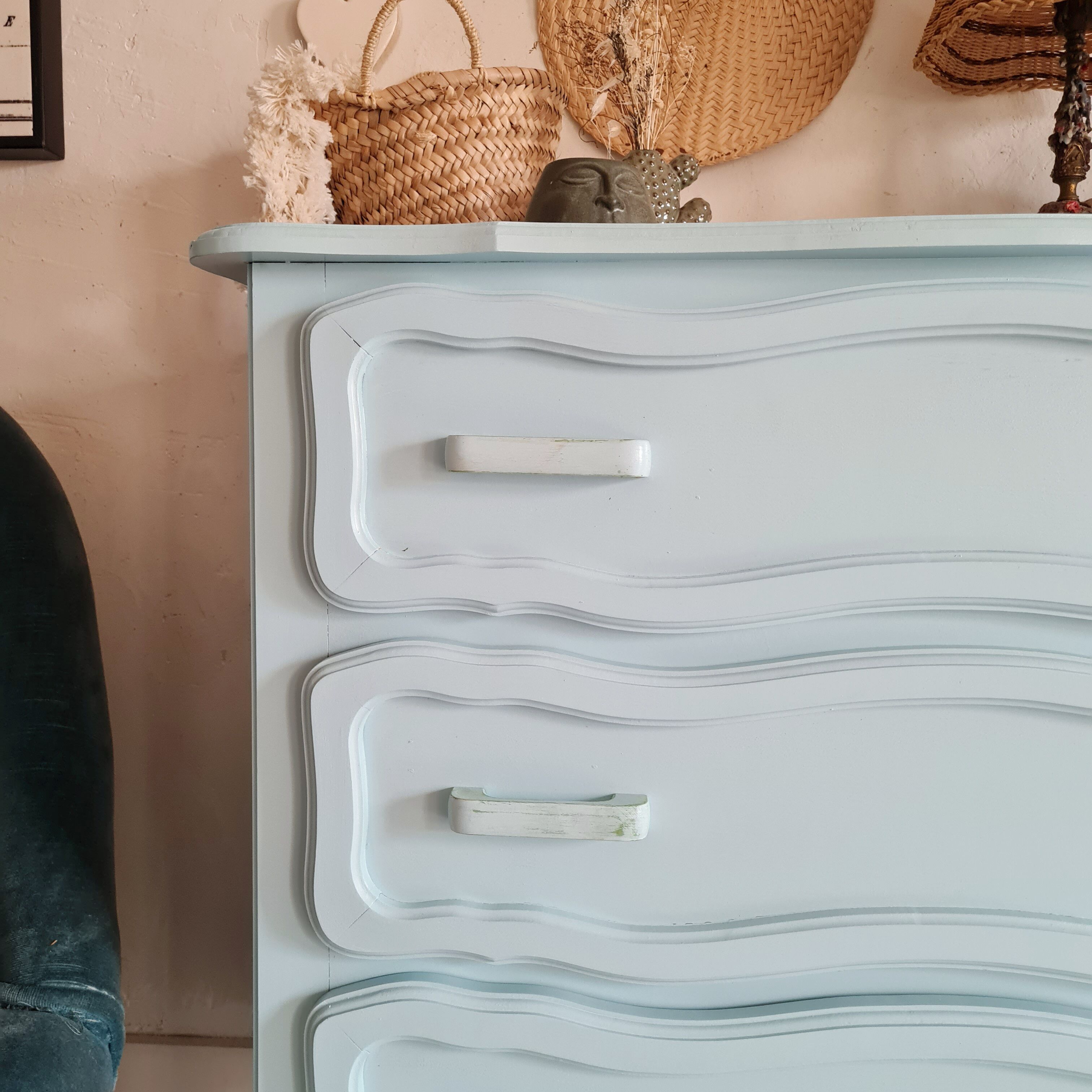 Antique chest of drawers in light blue wood