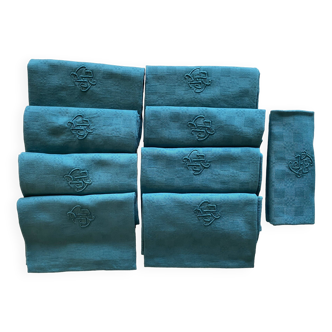 8 large old damask napkins monogrammed JL - 70x60 cm - mixed race