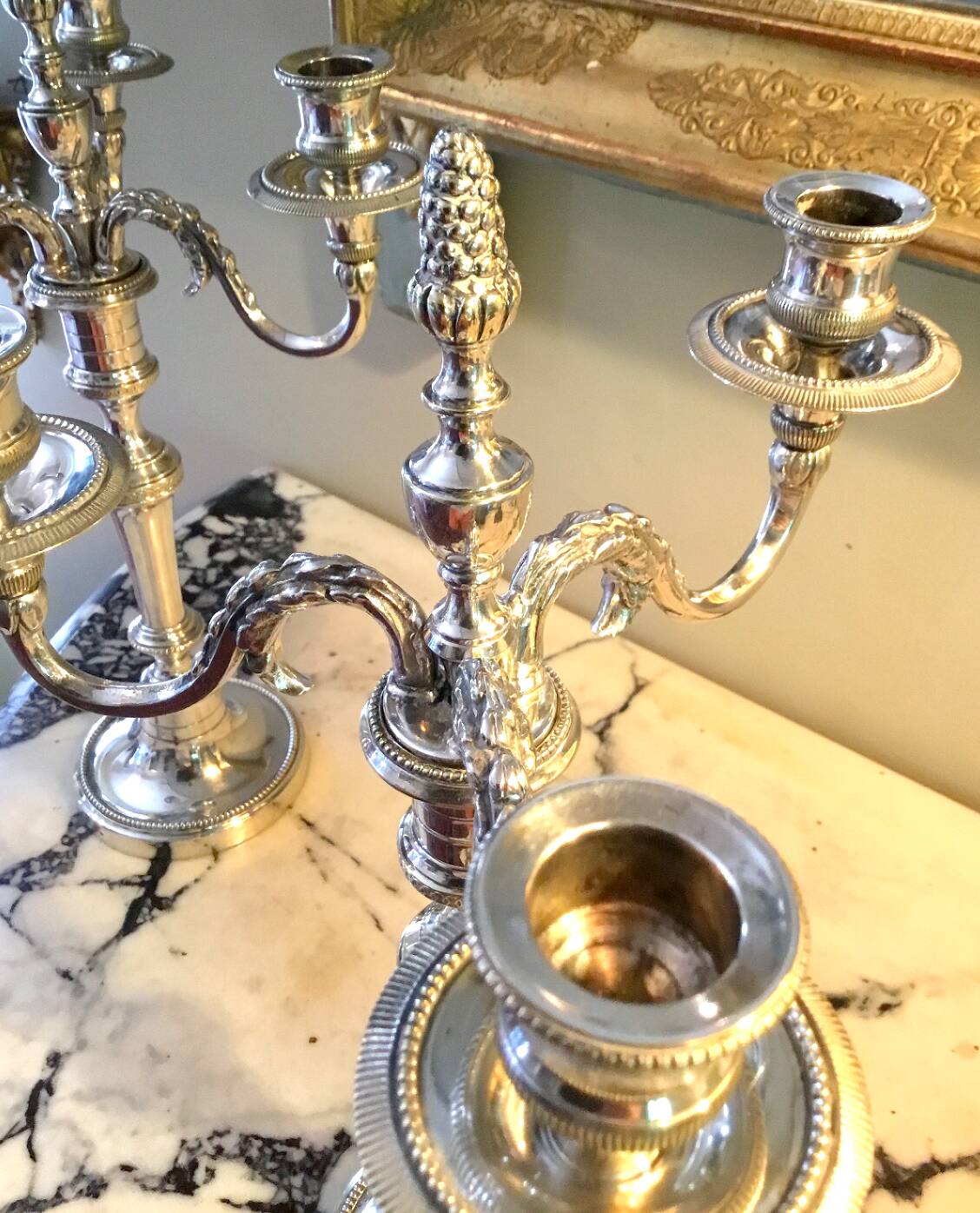 Pair of three-armed silver-plated candelabra
