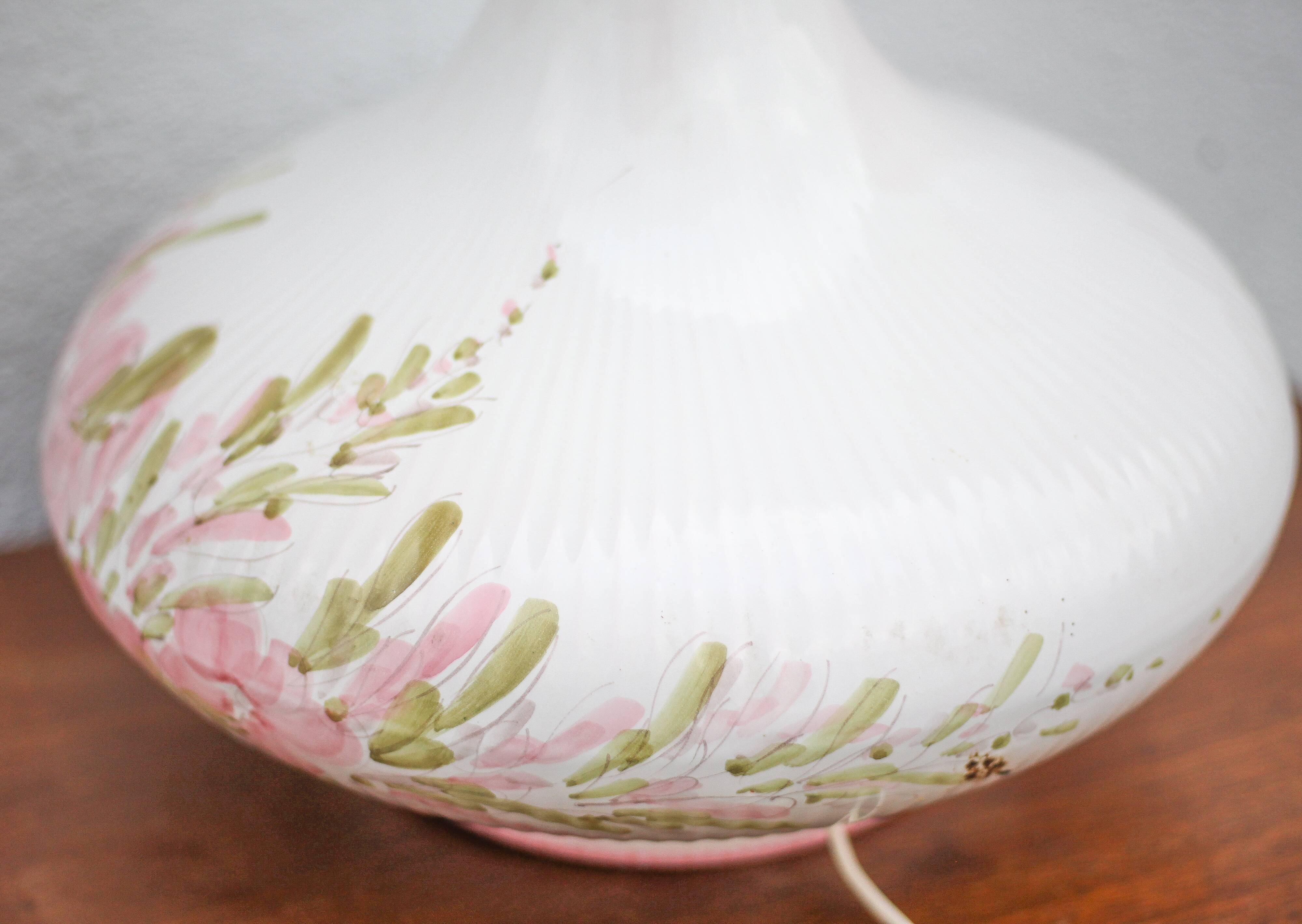 Large glazed terracotta lamp with flower decoration, ceramic signed Maithé