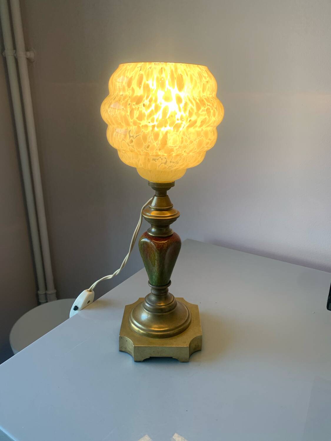 Old ceramic and brass lamp, Clichy glass globe