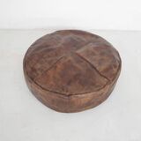Large vintage round leather ottoman, The Netherlands