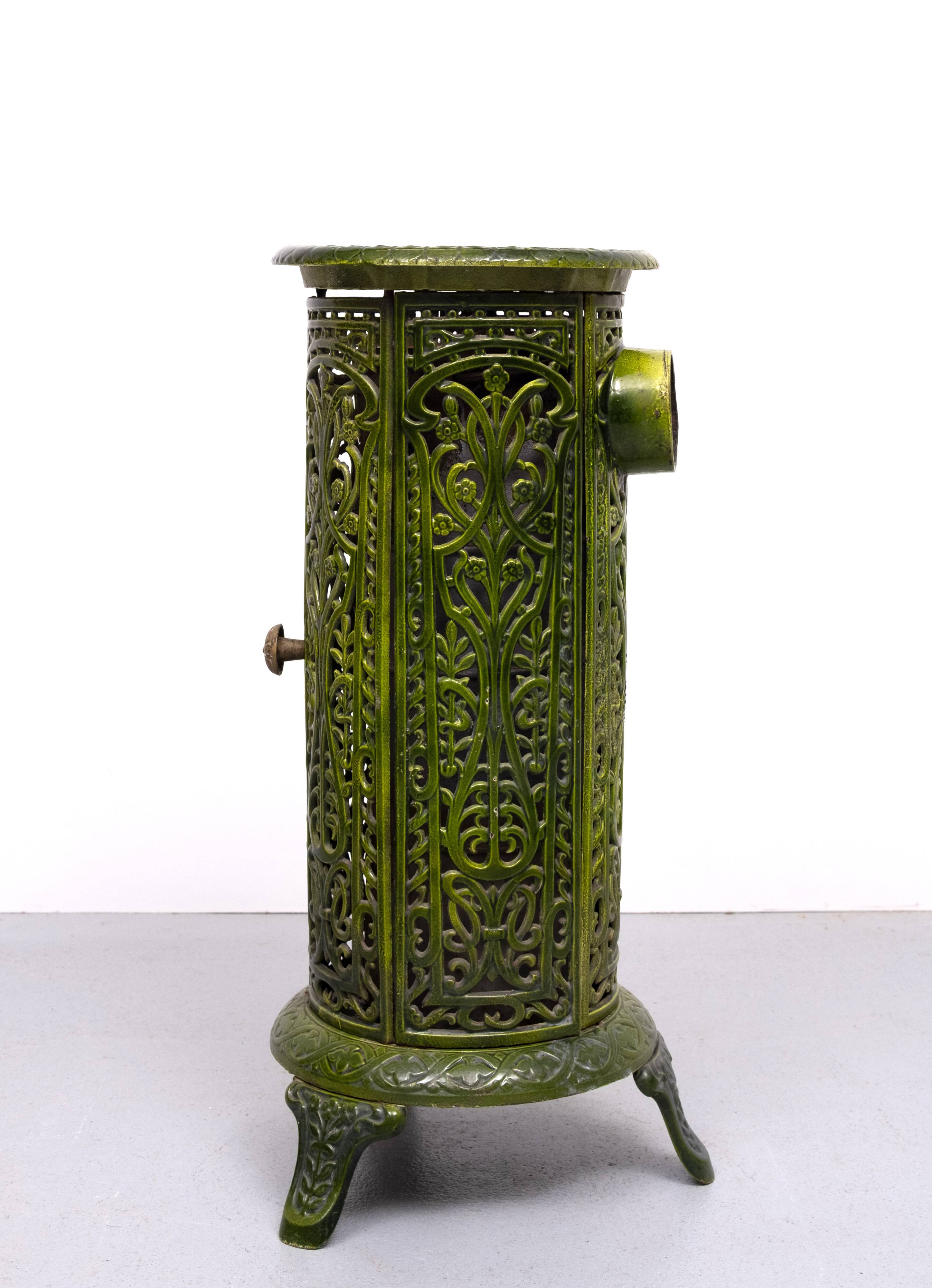 19th Century French Green Enameled Cast Iron Heater Stove