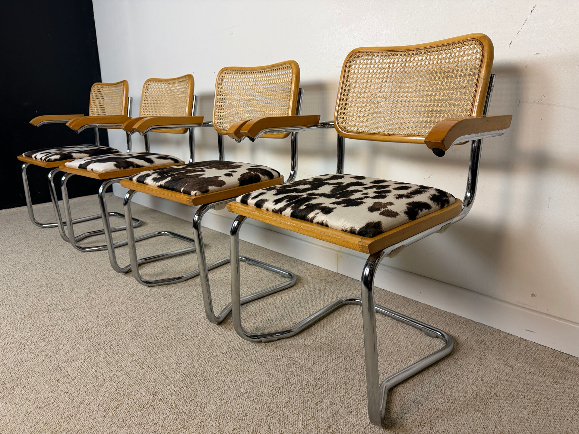 4 fauteuils cannés chrome et bois années 70
