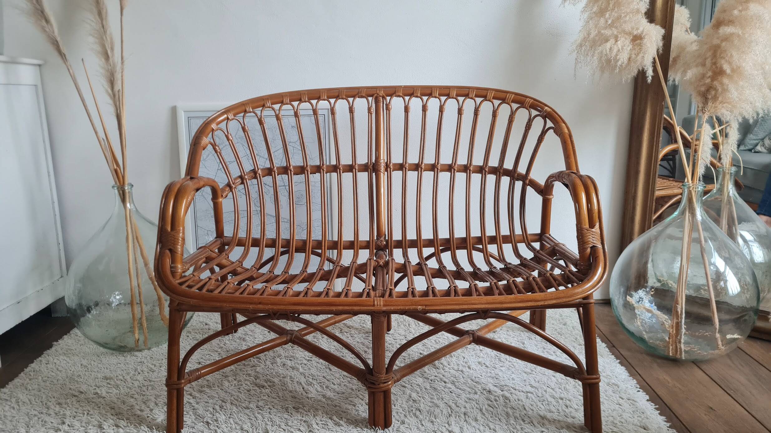 Vintage 1970s rattan bench