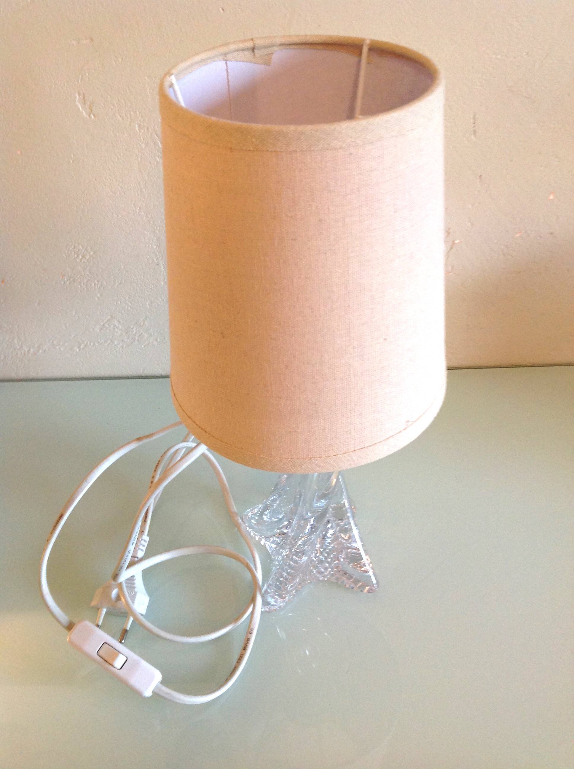 Bedside lamp with glass base and beige fabric lampshade / vintage 60s-70s