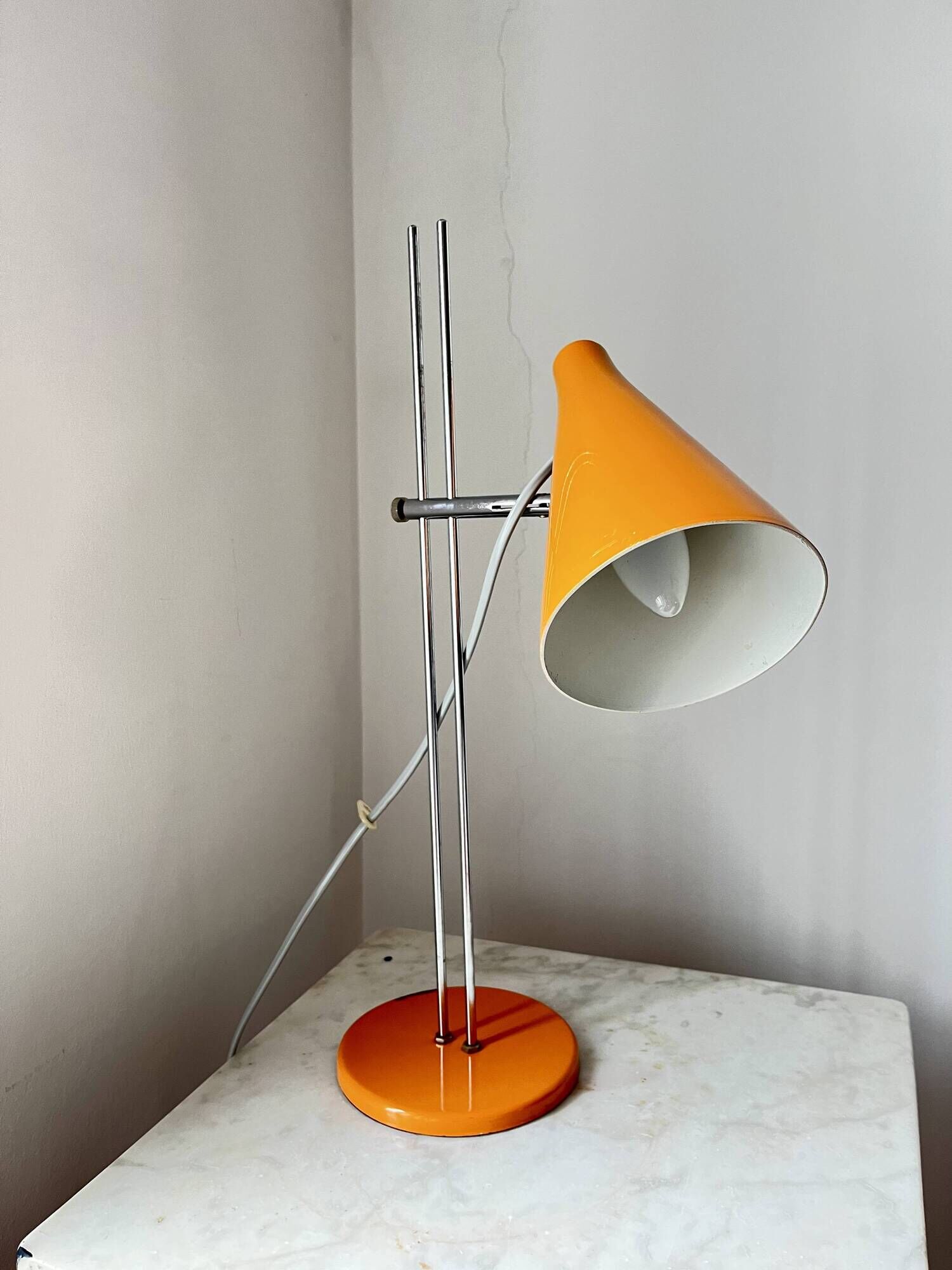Vintage Mid-Century Table Lamp by Josef Hůrka for Lidokov | Orange & Chrome