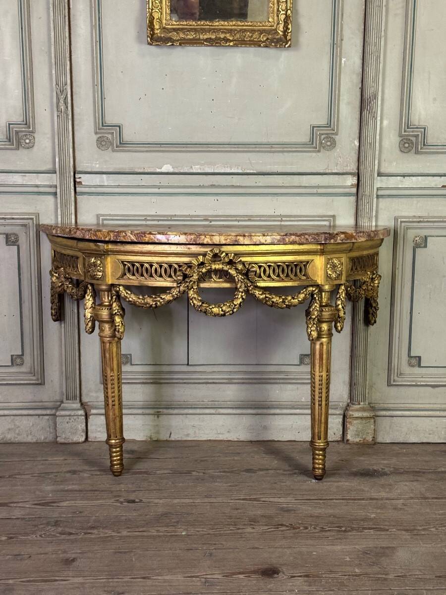 Louis XVI console table in carved and gilded wood, Jura brocatelle marble, 18th century