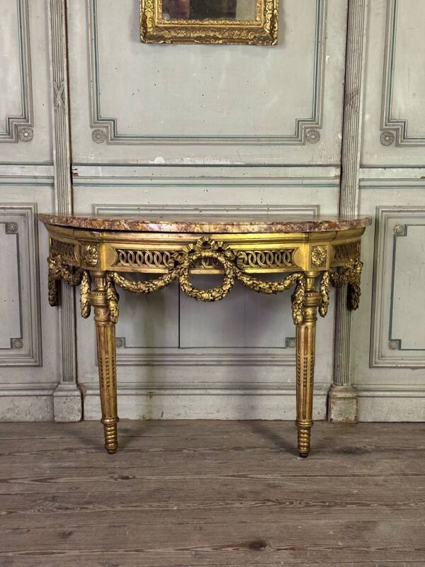 Console Louis XVI en bois sculpté et doré, marbre brocatelle du Jura, XVIIIème siècle