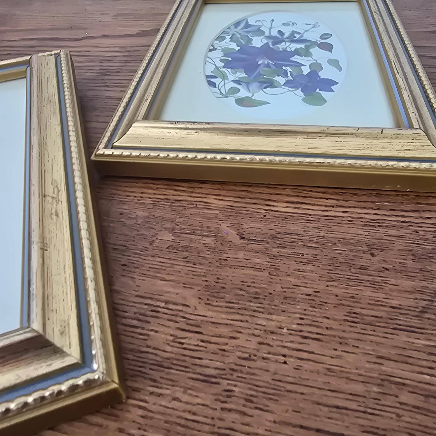 Set of 2 gilded frames under glass – V. Mappin purple flowers – 21.5 x 16.5 cm